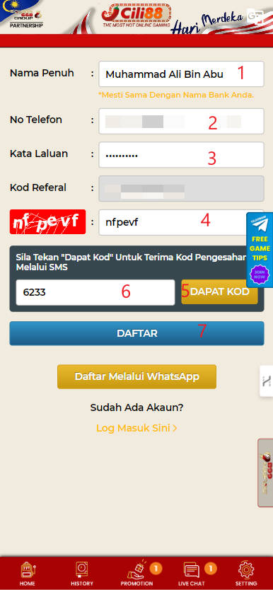 Free Credit New - Free Credit No Deposit - Cili88 - RM30 - Step 1 - Register An Account - Part 2