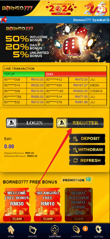 Free Credit New - Free Credit Slot - Borneo777 - RM38 - Step 1 - Register An Account - Part 1