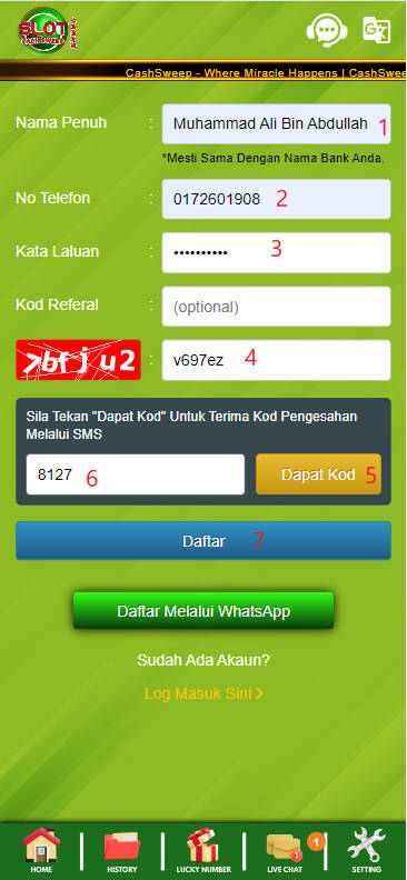 Free Credit New - Free Credit Slot - Cashsweep - RM5 - Step 1 - Register An Account - Part 2
