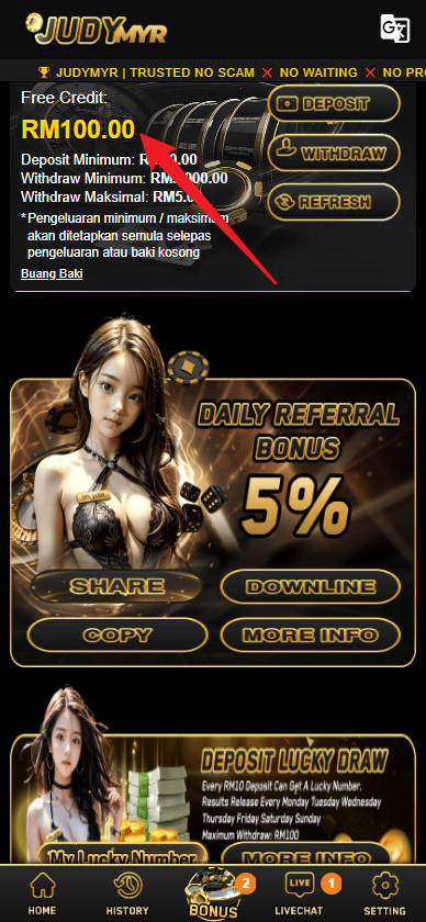 Free Credit New - Free Credit Slot - JUDYMYR - RM100 - Step 4 - Check Balance