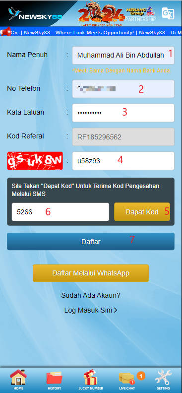 Free Credit New - Free Credit No Deposit - Newsky88 - RM30 - Step 1 - Register An Account - Part 2