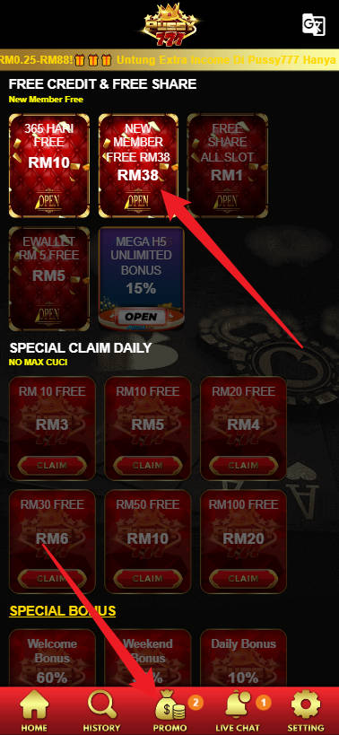 Free Credit New - Free Credit No Deposit - Pussy777 - RM38 - Step 3 - Claim Bonus - Part 1