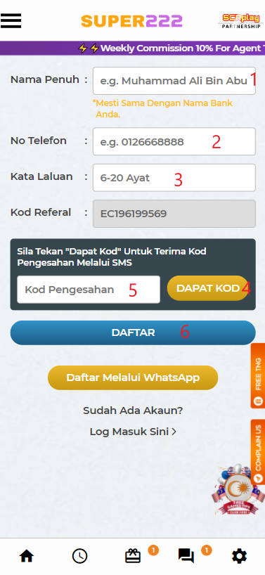 Free Credit New - Free Credit No Deposit - Super222 - RM20 - Step 1 - Register An Account - Part 2