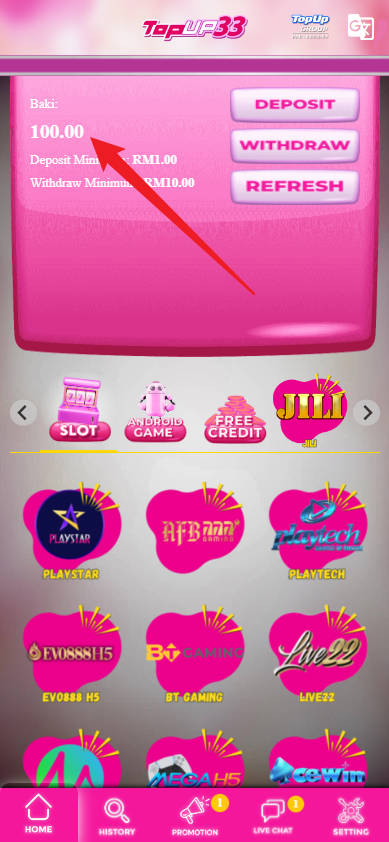 Free Credit New - Free Credit No Deposit - TopUp33 - RM100 - Step 4 - Check Balance