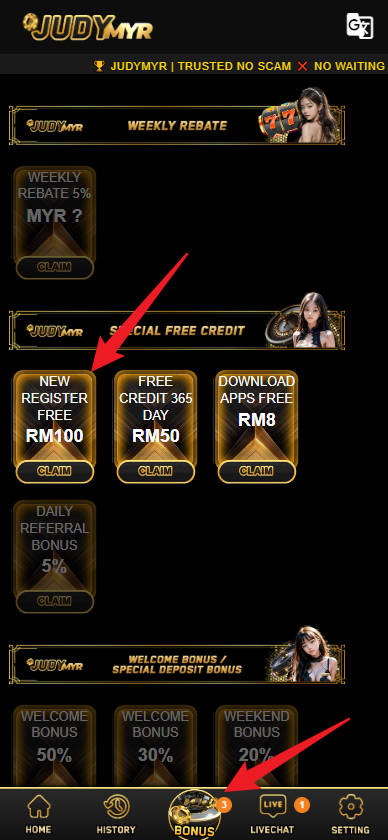 Free Credit New - Free Credit Slot - JUDYMYR - RM100 - Step 3 - Claim Bonus - Part 1