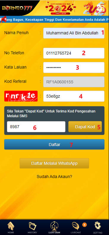 Free Credit New - Free Credit Slot - Borneo777 - RM38 - Step 1 - Register An Account - Part 2