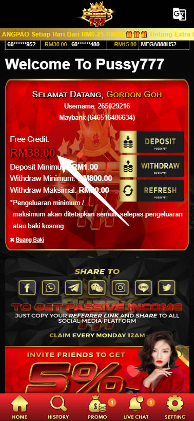 Free Credit New - Free Credit No Deposit - Pussy777 - RM38 - Step 4 - Check Balance