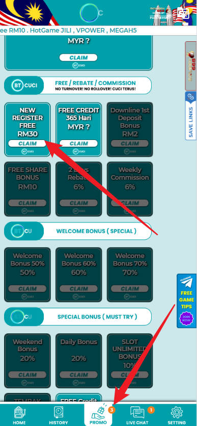 Free Credit New - Free Credit Slot - BTCUCI - RM30 - Step 3 - Claim Bonus - Part 1