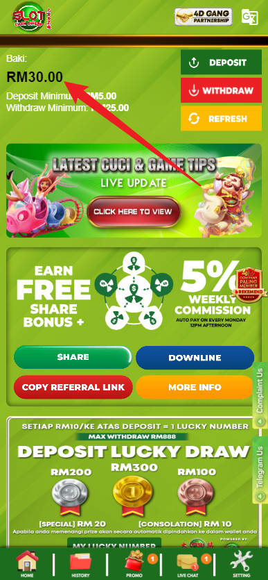 Free Credit New - Free Credit Slot - Cashsweep - RM5 - Step 4 - Check Balance