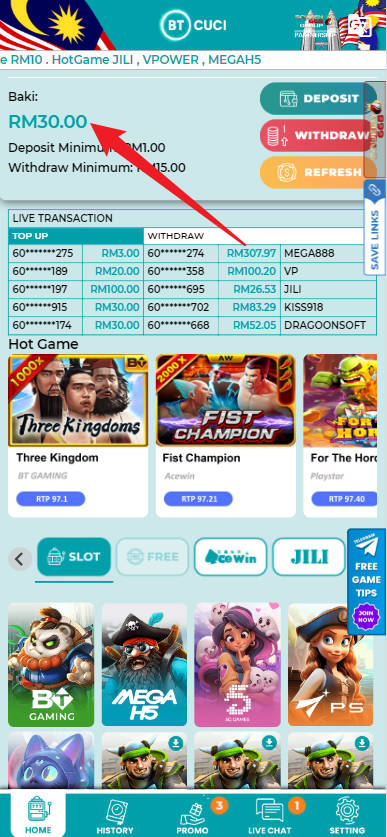 Free Credit New - Free Credit Slot - BTCUCI - RM30 - Step 4 - Check Balance