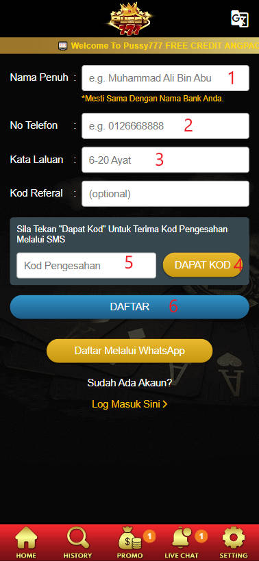Free Credit New - Free Credit No Deposit - Pussy777 - RM38 - Step 1 - Register An Account - Part 2