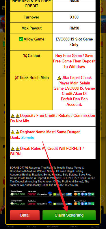 Free Credit New - Free Credit Slot - Borneo777 - RM38 - Step 3 - Claim Bonus - Part 2