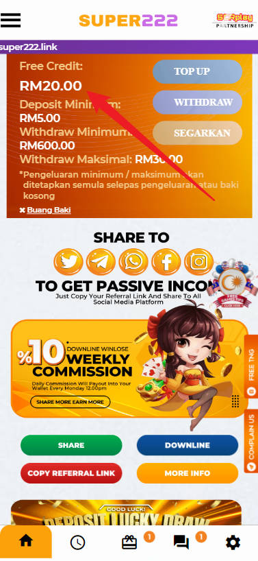 Free Credit New - Free Credit No Deposit - Super222 - RM20 - Step 4 - Check Balance
