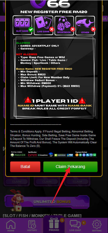 Free Credit New - Free Credit Slot - Ultra66 - RM20 - Step 3 - Claim Bonus - Part 2