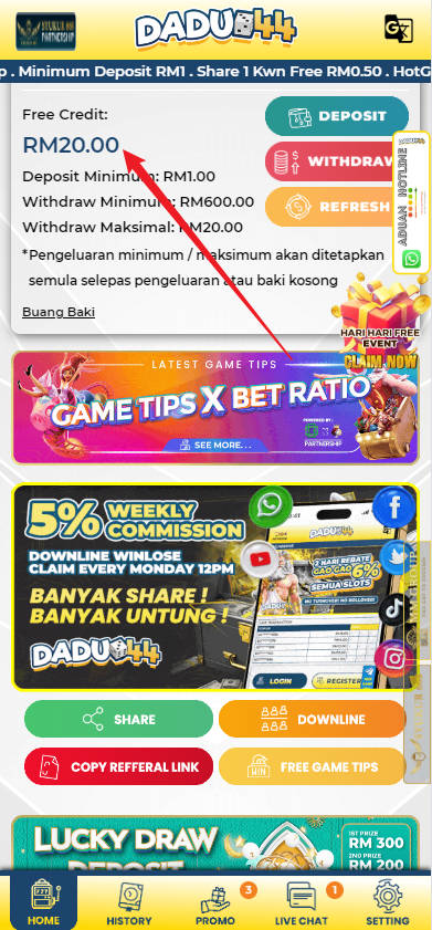 Free Credit New - Free Credit No Deposit - Dadu44 - RM20 - Step 4 - Check Balance