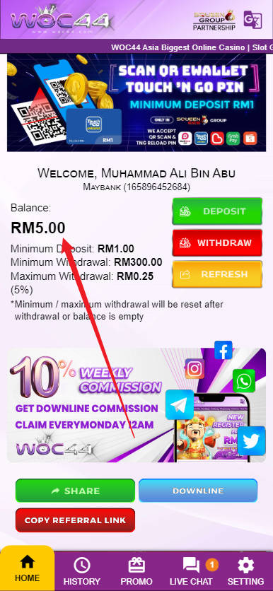 Free Credit New - Free Credit No Deposit - WOC44 - RM20 - Step 4 - Check Balance