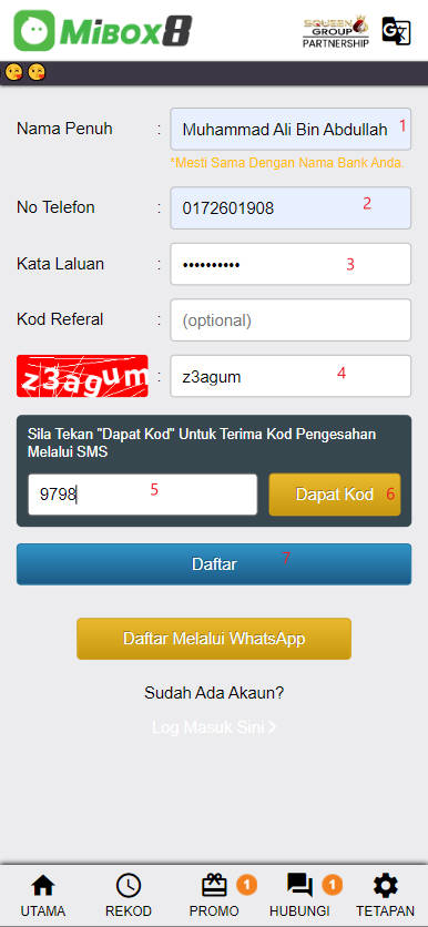 Free Credit New - Free Credit No Deposit - Mibox8 - RM5 - Step 1 - Register An Account - Part 2

