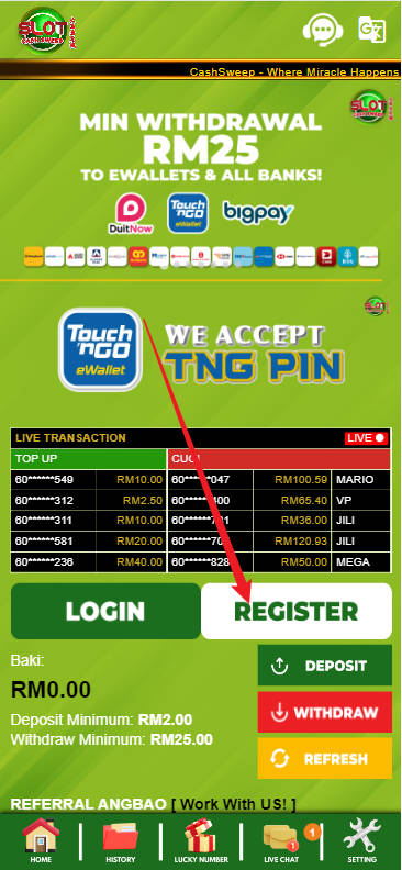 Free Credit New - Free Credit Slot - Cashsweep - RM5 - Step 1 - Register An Account - Part 1
