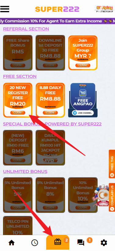 Free Credit New - Free Credit No Deposit - Super222 - RM20 - Step 3 - Claim Bonus - Part 1