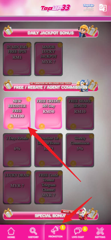 Free Credit New - Free Credit No Deposit - TopUp33 - RM100 - Step 3 - Claim Bonus - Part 1
