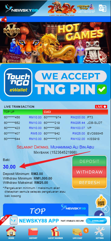 Free Credit New - Free Credit No Deposit - Newsky88 - RM30 - Step 4 - Check Balance