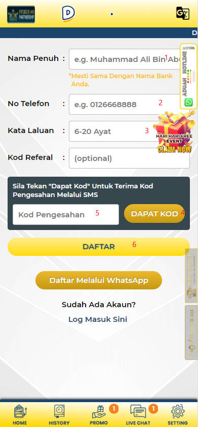 Free Credit New - Free Credit No Deposit - Dadu44 - RM20 - Step 1 - Register An Account - Part 2