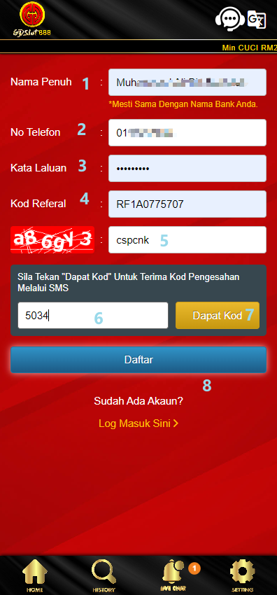 Free Credit New - Free Credit No Deposit - GDSlot888 - RM10 - Step 1 - Register An Account - Part 2