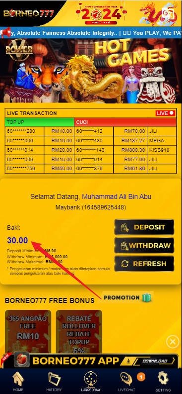 Free Credit New - Free Credit No Deposit - Borneo777 - RM30 - Step 4 - Check Balance