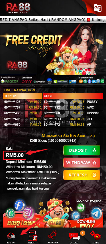 Free Credit New - Free Credit No Deposit - RA88 - RM5 - Step 4 - Check Balance