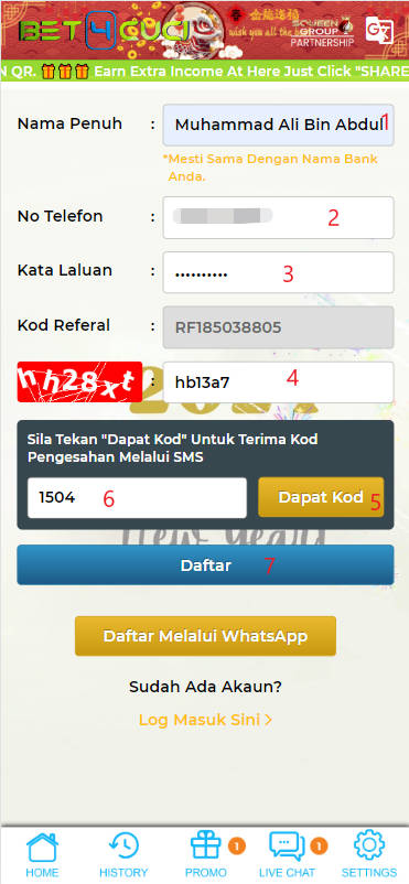 Free Credit New - Free Credit No Deposit - Bet4Cuci - RM5 - Step 1 - Register An Account - Part 2