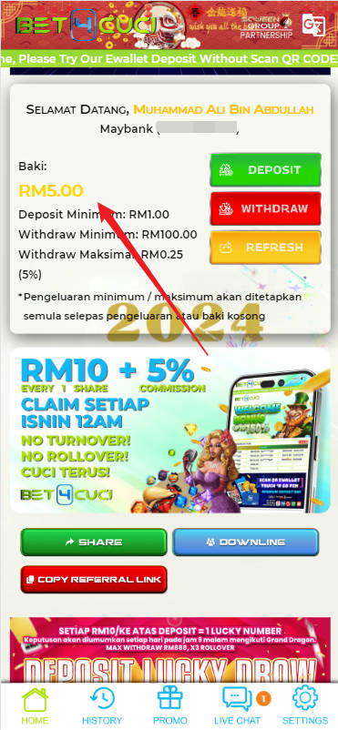 Free Credit New - Free Credit No Deposit - Bet4Cuci - RM5 - Step 4 - Check Balance