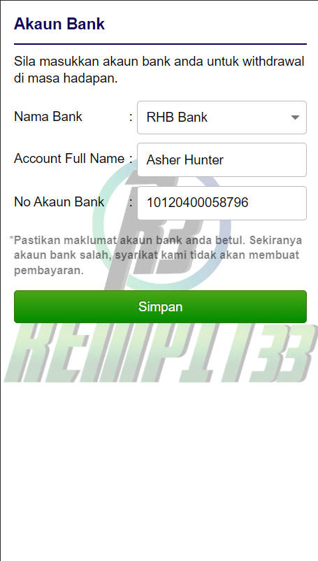 Step 2 - Add bank account in Rempit33 Casino - Part 1