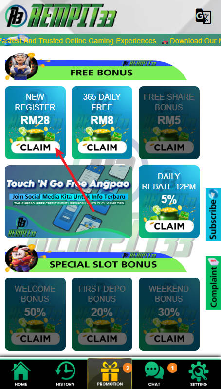 Step 3 - Claim Rempit33 Free Credit No Deposit RM28 - part 1