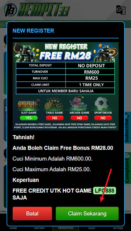 Step 3 - Claim Rempit33 Free Credit No Deposit RM28 - part 2