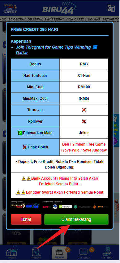 Free Credit New - Free Credit 365 - Biru44 - RM3 - Step 3 - Claim Bonus - Part 2