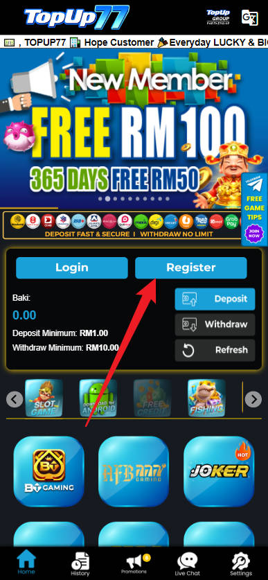 Free Credit New - Free Credit Slot - Topup77 - RM100 - Step 1 - Register An Account - Part 1