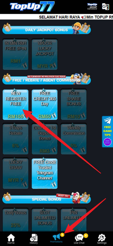 Free Credit New - Free Credit No Deposit - Topup77 - RM100 - Step 3 - Claim Bonus - Part 1
