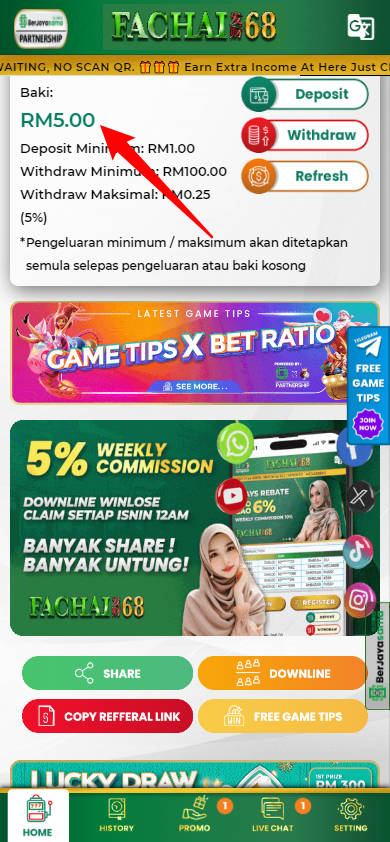 Free Credit New - Free Credit Slot - Fachai68 - RM5 - Step 4 - Check Balance