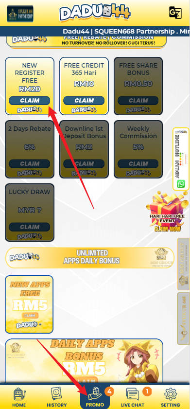 Free Credit New - Free Credit No Deposit - Dadu44 - RM20 - Step 3 - Claim Bonus - Part 1