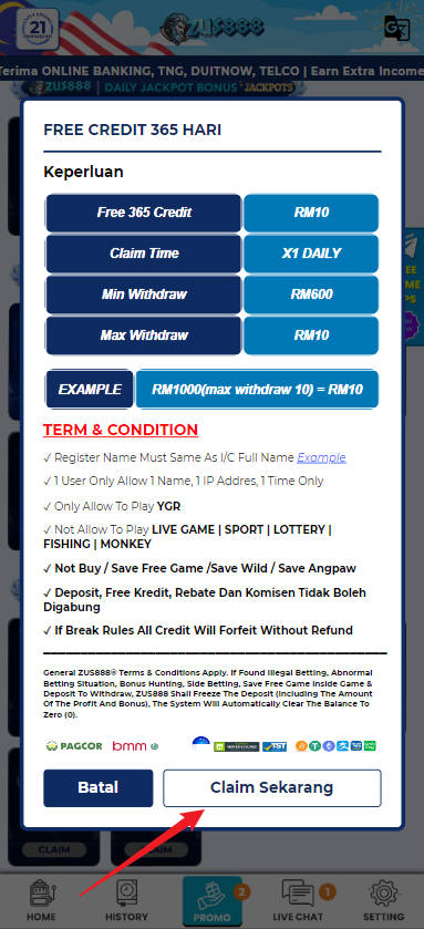Free Credit New - Free Credit 365 - Zus888 - RM10 - Step 3 - Claim Bonus - Part 2