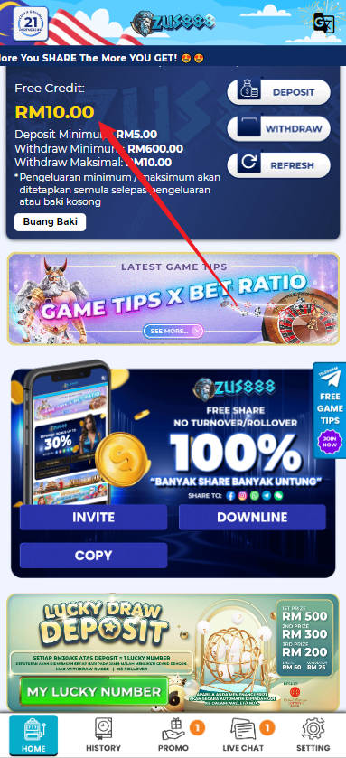 Free Credit New - Free Credit 365 - Zus888 - RM10 - Step 4 - Check Balance