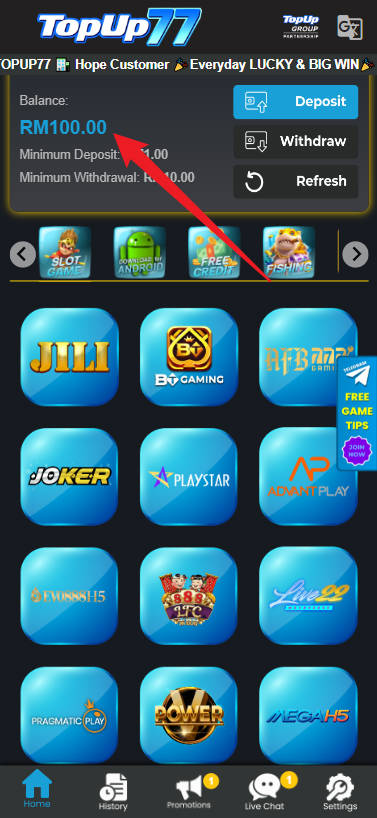 Free Credit New - Free Credit Slot - Topup77 - RM100 - Step 4 - Check Balance