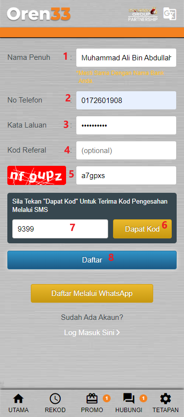 Free Credit New - Free Credit No Deposit - Oren33 - RM20 - Step 1 - Register An Account - Part 2
